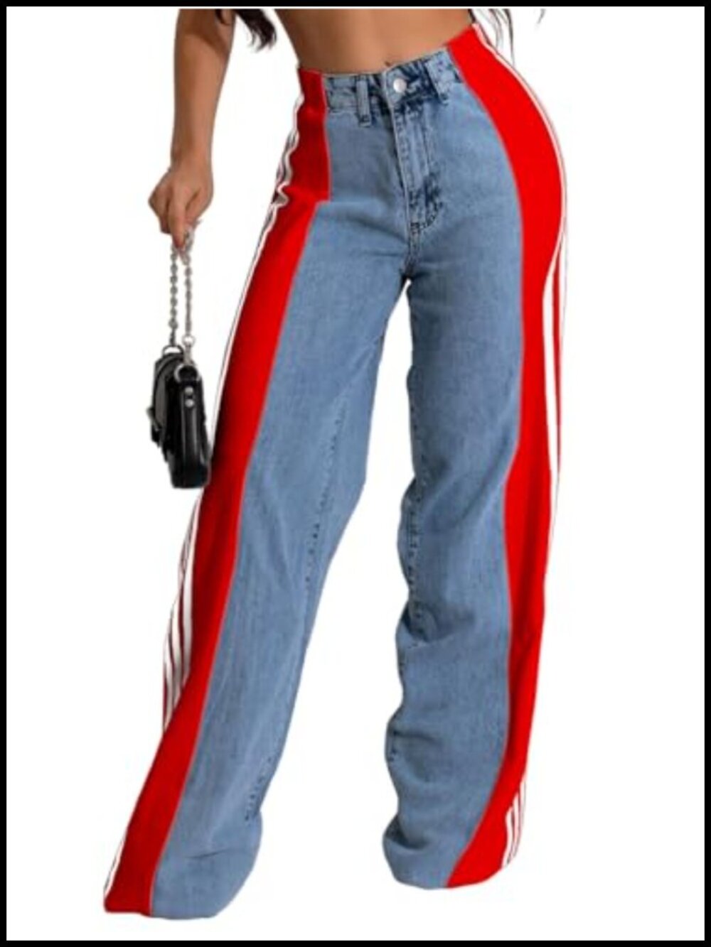 High Waisted Wide Leg Striped Patchwork Color Block Stretchy Jeans